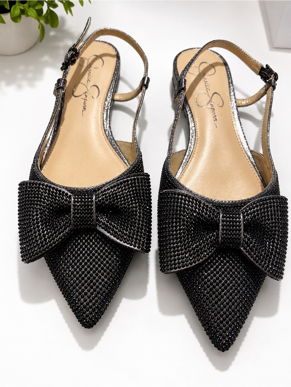Jessica Simpson Black Crystal Bow Slingback Flats